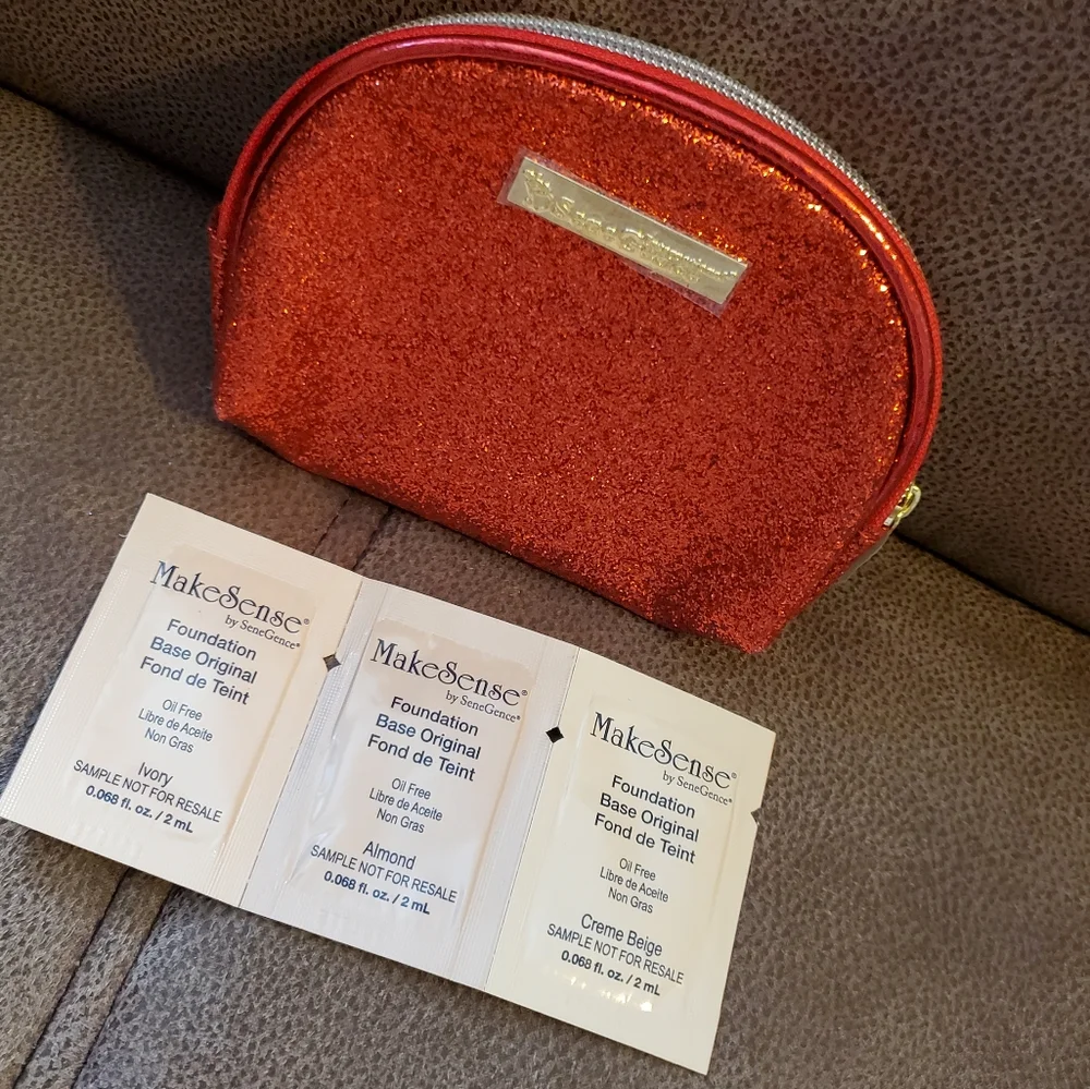 SeneGence red glitter makeup bag with foundation samples